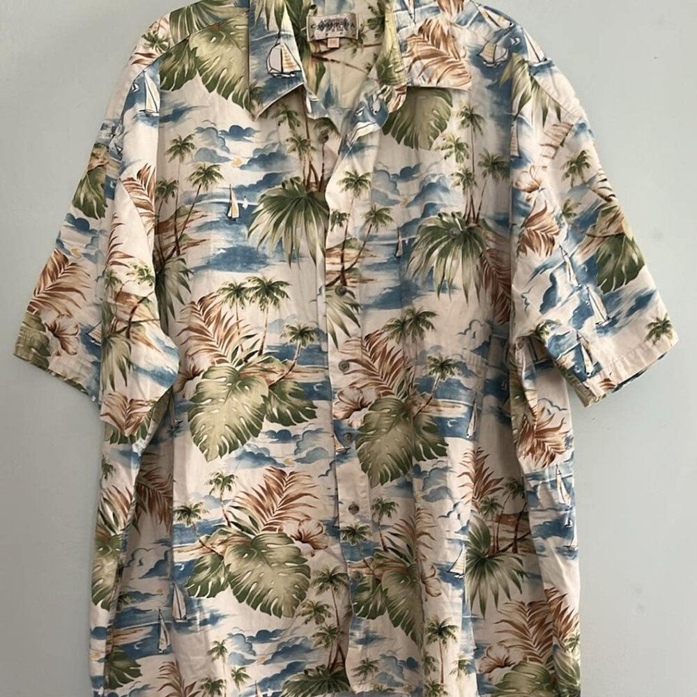 Campia Moda 2XL Hawaiian Tropical‎ Men's Shirt VTG Palm Trees Sailboats Dad Gift